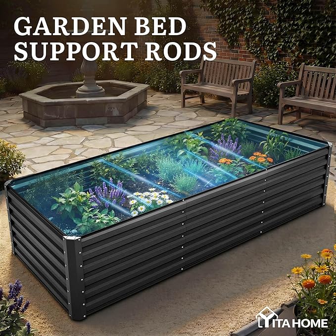 YITAHOME 8x4x2ft Large Raised Garden Bed Kit Galvanized Metal Planter Box with Gloves Ground Nails Support Rod &amp Safety Rubber Outdoor Above Ground Planters for Plants Vegetables Flowers Blac
