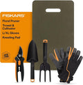 Fiskars 5-Piece Flower Gardening Essentials Set Floral Pruner Trowel Cultivator Gloves &amp Kneeling Cushion Easy Action Bypass Blade with Wire Cutter &amp Stem Stripper Lightweight Rustproof