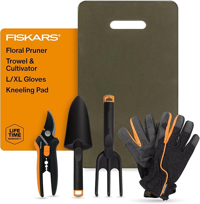 Fiskars 5-Piece Flower Gardening Essentials Set Floral Pruner Trowel Cultivator Gloves &amp Kneeling Cushion Easy Action Bypass Blade with Wire Cutter &amp Stem Stripper Lightweight Rustproof