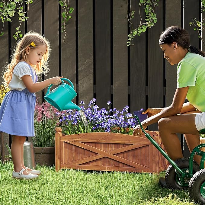 Raised Garden Bed 36”L x 16”W x 15”H Wooden Planter Box w/Drainage Holes &amp Removable Base Rectangular Garden Bed for Flowers Herbs Vegetables Fruits Patio Balcony Yard