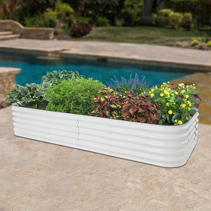 Bacocoo Garden Raised Garden Bed Kits 17in Tall 14-in-1 Modular Metal Raised Planter Bed for Vegetables Flowers Patio Ground Planter Box-Pearl White Raised Bed for Vegetables Flowers.