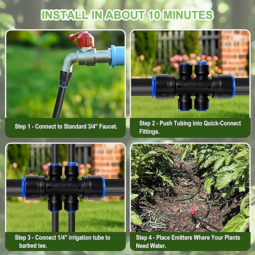 230FT Drip Irrigation System Kit Quick Push-to-Connect Garden Watering System with 1/2'' &amp 1/4'' Tubing Adjustable Drippers &amp Sprayers Auto Irrigation System for Raised Bed Lawn Greenhous