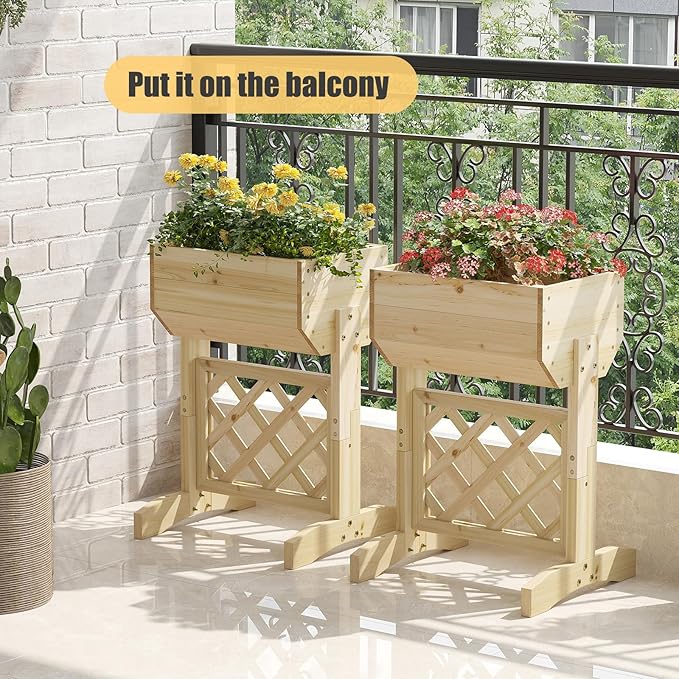 Raised Garden Bed with Diamond Lattice TrellisWood Planter Box Stand for Backyard Patio BalconyOutdoors (Natural)