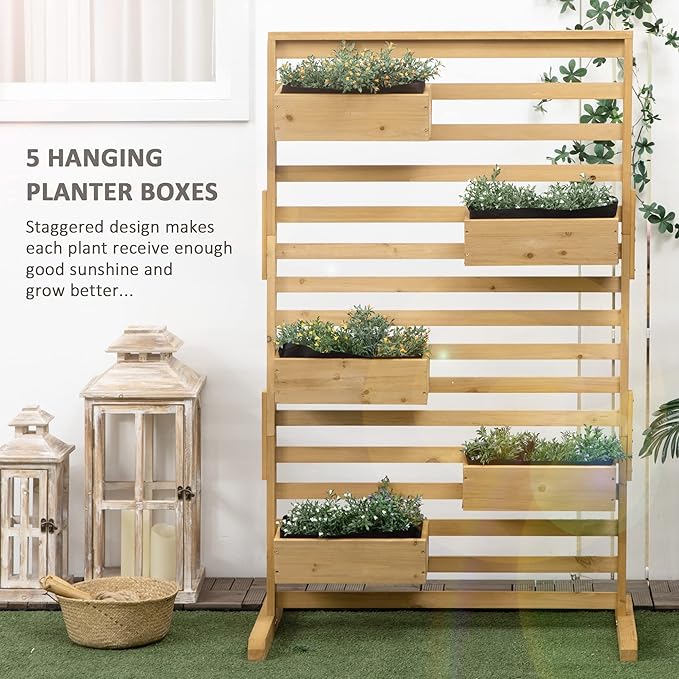 Wooden Plant TrStand with 5 Hanging Planter Boxes Freestanding Outdoor Plant Stand for Patio Garden Balcony Porch
