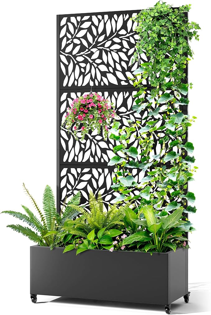 Metal Raised Garden Bed with Trellis 2 in 1 Trellis with Planter Box &amp Privacy Screen for Climbing Plants Vine Outdoor Standing Flower Beds with Drainage Holes 35.4L x 15.7W x 70.10H(Black