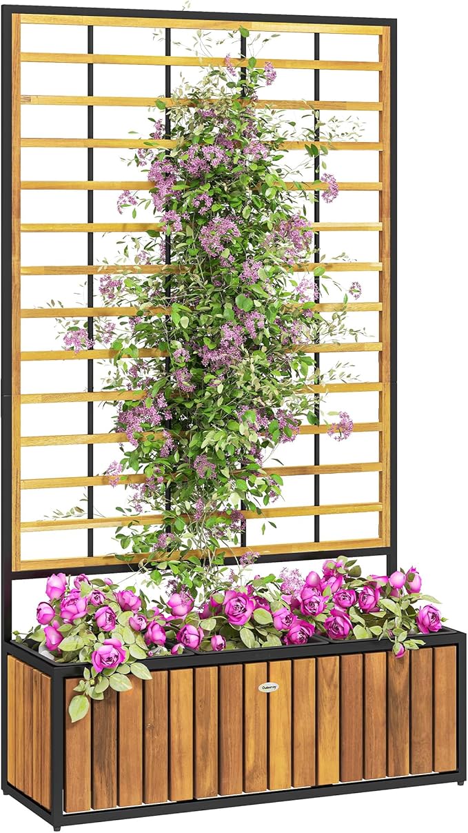 Outsunny Wooden Raised Garden Bed with Trellis Removable Pots Drainage Holes for Climbing Vines Vegetables Flowers Raised Planter Box for Backyard Patio Balcony 29 x 11 x 52 in. Teak