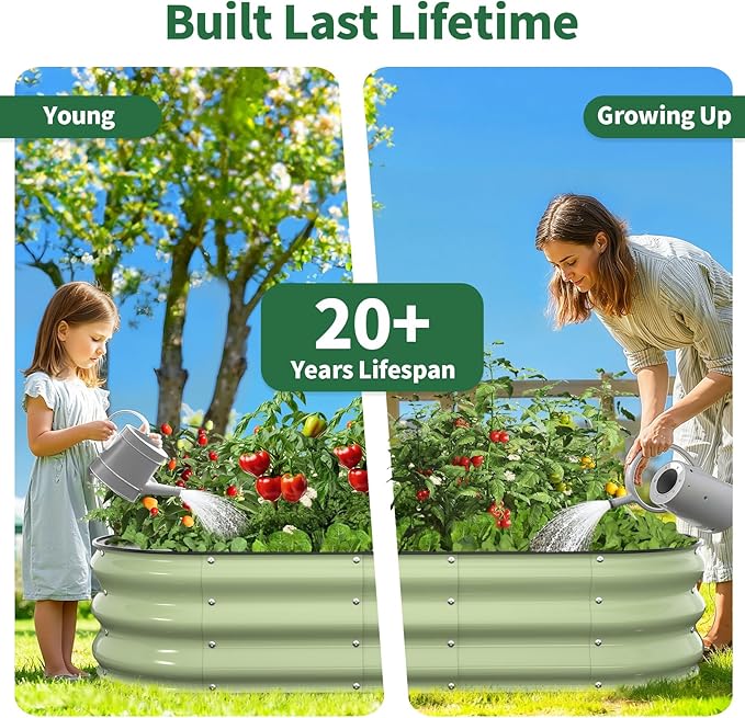 Kesfitt Raised Garden Bed 4x2x1 FT Galvanized Steel Metal Raised Garden Bed Oval Open-Bottom Design 12-Inch Deep for Outdoor Vegetable &amp Herb Gardening Fruit Green