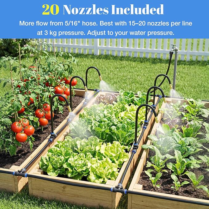 80FT Drip Irrigation Kit 8mm Hose with 20 Brass 360° Adjustable Nozzles Quick Connectors Automatic Garden Watering System– Complete Garden Irrigation System for Lawn Greenhouse Patio Yard