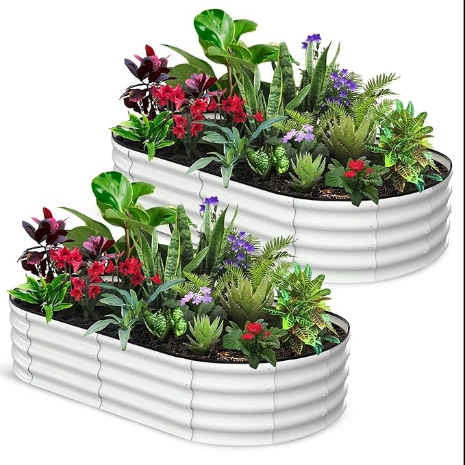IDEALHOUSE 2 Pcs Galvanized Raised Garden Bed Outdoor6x3x1Ft Oval Planter Garden BoxesDurable Metal Vegetable Plant Container Kit for Gardening VegetablesFruitsFlowersTool-Free Asse(Beige)
