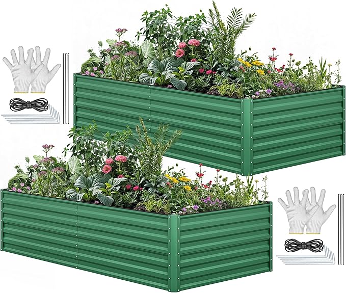 YITAHOME 96x48x24 in 2pcs Galvanized Raised Garden Bed Kit Large Metal Planter Box with Gloves Safety Rubber &amp Support Rod Outdoor Flower Bed for Plants Vegetables Green