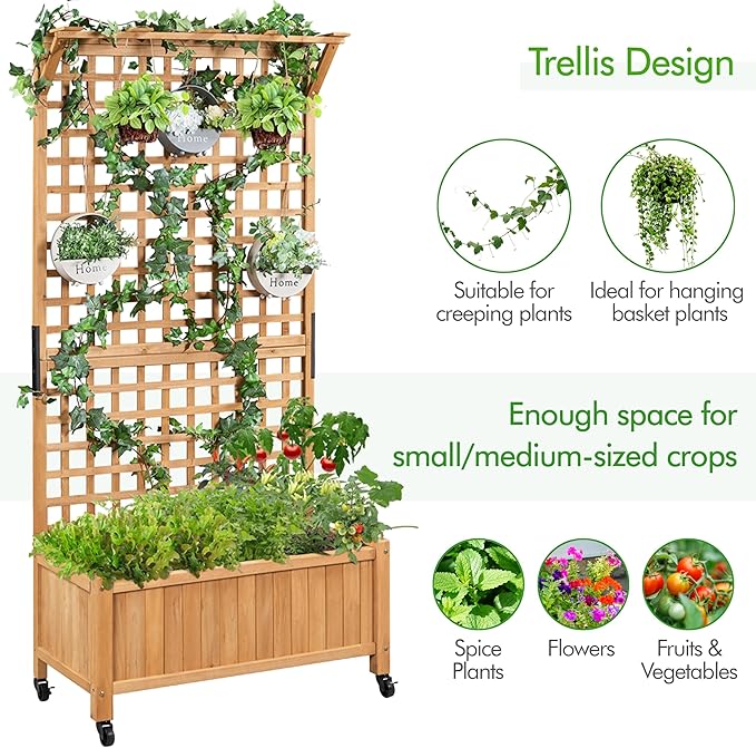 Yaheetech 72 H Garden Planter with Trellis for Vine Climbing Horticultural Plants Yard Box Outdoor w/Drainage Holes Garden Planter Bed for Flowers Herbs Light Brown
