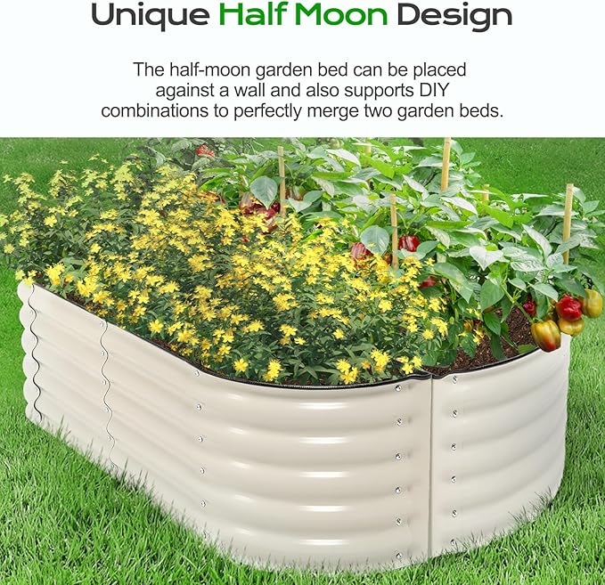 Aoodor 60 L x 15 W x 17 H Galvanized Raised Garden Bed Durable Half Moon Outdoor Planter Box for Vegetables Flowers and Herbs Beige