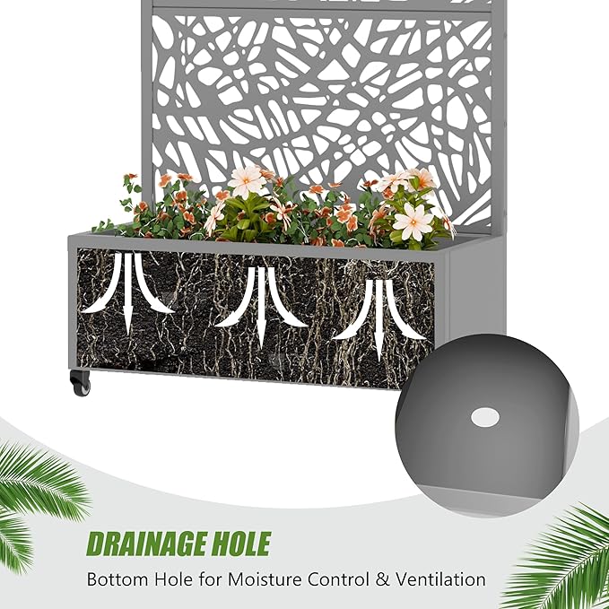 Casaphoria Metal Raised Garden Bed with Trellis and Wheels 72x35x16 Planter Box for Climbing Plants Vegetables &amp Vines Features Drainage Holes and Privacy Screen Grey-Net