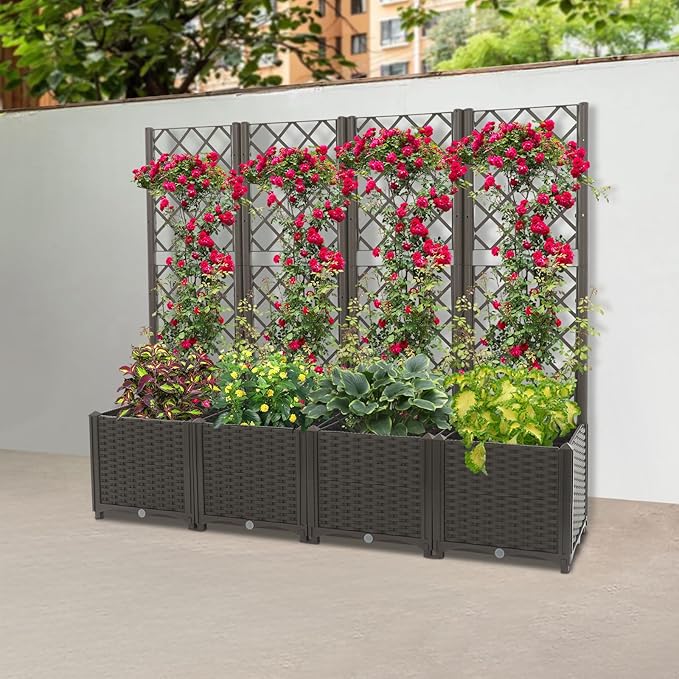 4PCS Garden Planter with Trellis Plastic Plant Box with Drain Holes Standing Raised Bed for Balcony Terrace Backyard Patio Climbing Plant Vegetable Herb Flower (4PCS Brown)