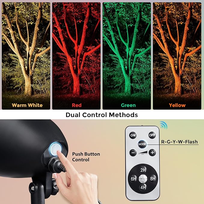 SURAIELEC LED Spotlight Remote Control Spot Lights Outdoor Indoor Plant Uplighting with Base Landscape Light for Yard Trees Holiday Decor Red Green Yellow Warm Glow Waterproof 10FT Cord