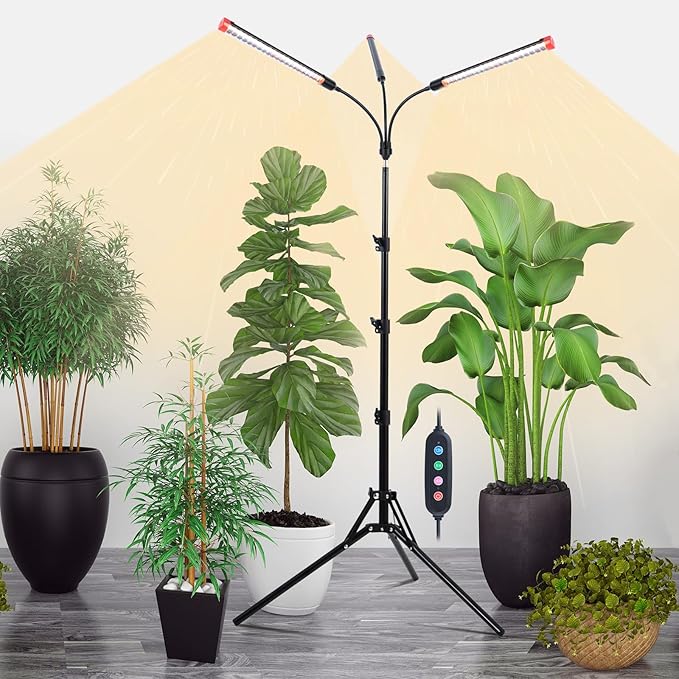 3-Head Grow Light with Stand and Timer 27 Watt Power Home Plug LED Grow Lights for Indoor Plants for Tall Houseplants Bonsai Tree Seed Starting 24-64 Adjustable Height