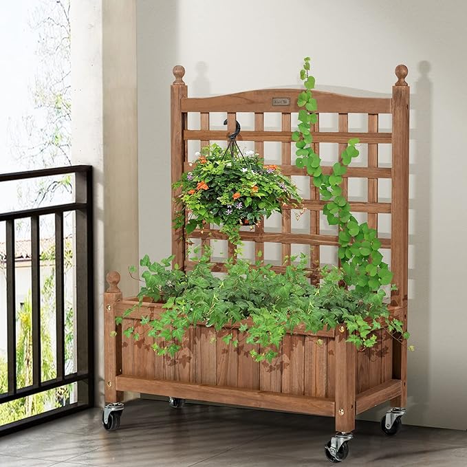 Giantex Mobile Plant Raised Bed Wood Planter with Lattice Trellis and Wheels Flower Box for Plant Climbing Vertical Garden for Balcony Patio Yard (1 25x 11x 32.5)