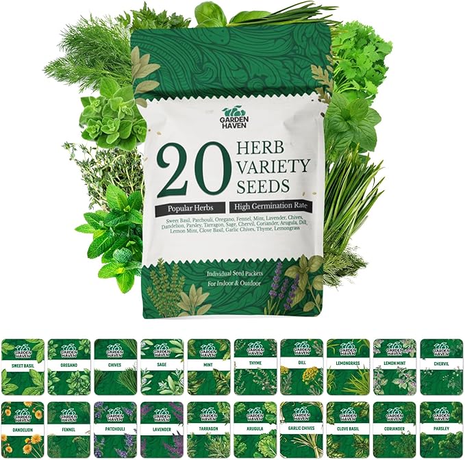 20 HERB Seeds Variety Pack - Complete Grow Kit Culinary Herbs Indoor Outdoors Herb Seeds Basil Oregano Mint Thyme &amp More Individually Seed Packets Starter Kit (Seeds Only)