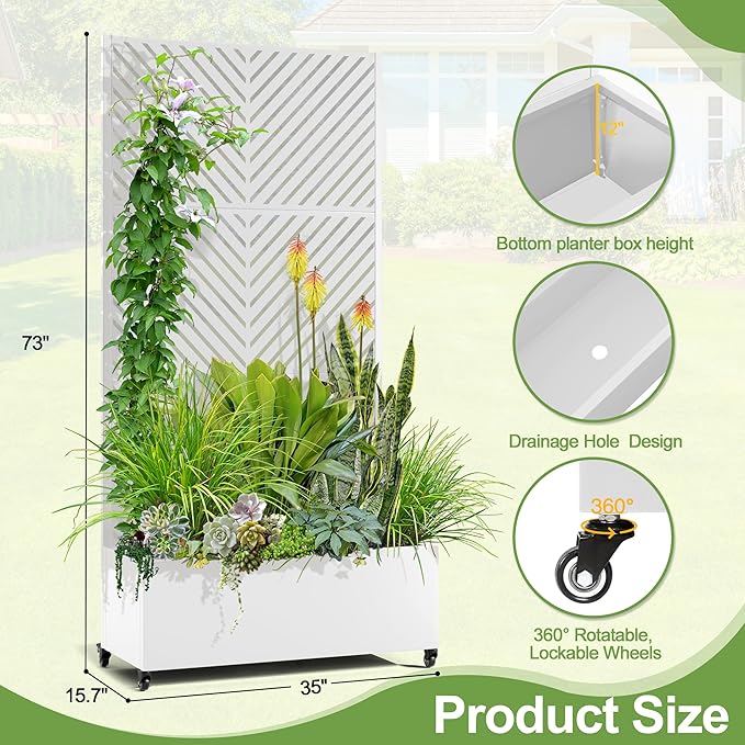 Raised Garden Bed with Trellis and Wheels73x35x16 Metal Raised Garden BedWhite Parallel Metal Planter with Climbing Trellis for Vines &amp Vegetables
