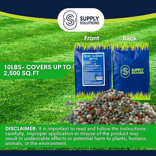 Supply Solutions 25-7-12 Lawn and Turf Fertilizer - 15% Slow Release Nitrogen Lawn Fertilizer for All Grass Types Shrubs - Turf Builder Plant Food Covers 2500 sq.ft (10lbs)