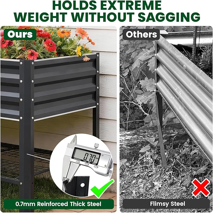 1MORE Elevated Raised Garden Bed with Legs &amp Storage Rack 48×24×32in Large Metal Raised Bed for Backyard Patio. Raised Planter Box with Drainage Holes for Plants Vegetables Flowers Fruits(Grey-1
