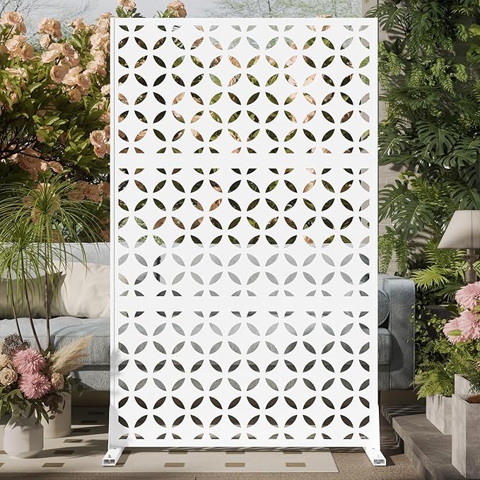 Cofar Metal Privacy Screen Outdoor 72 H×44 W -White Freestanding Outdoor Privacy Panels with Stand Decorative Fence for Patio Deck Balcony（Clover）