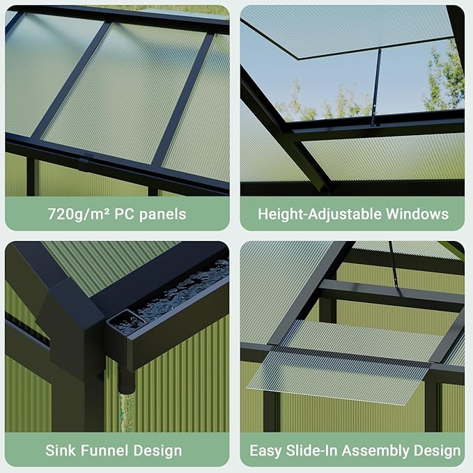 6X8 ft Greenhouse Greenhouses for Outside Aluminum Frame Polycarbonate Panels with Sliding Lockable Door and Ajustable Roof Vent Spacious Walk-in Design for Backyard Garden Patio Black