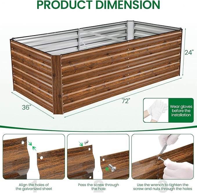 Homdox Galvanized Raised Garden Bed 6x3x2ft Galvanized Planter Garden Boxes Outdoor Thickened Large Metal Planter Box for Gardening and Planting Vegetables and Fruits (Wood Grain)