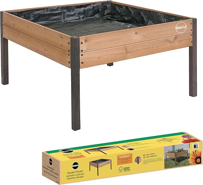 Miracle-GRO 4 x 4 Ft. Wooden Raised Garden Planter 12.8 Cu. Ft. Above Ground Garden with Powder-Coated Metal Brackets for Decks and Yards