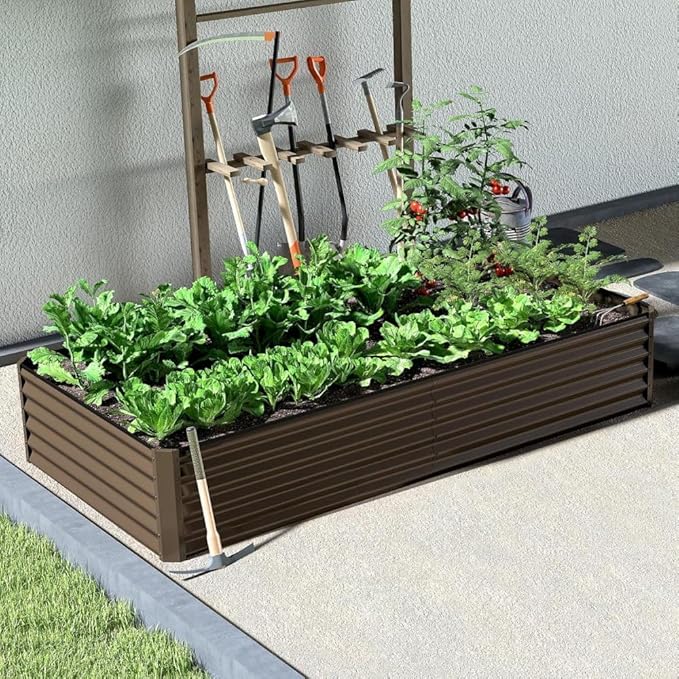 Heavy-Duty Galvanized Steel Raised Garden Bed for Outdoor Vegetable Fruit and Flower Planting – Rust-Resistant Metal Planter Box (Brown - 8x4x1.5 ft)