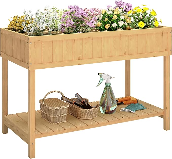 Outsunny 43x18x30in Raised Garden Bed with 8 Pockets and Shelf Wooden Elevated Planter Box with Legs to Grow Herbs Vegetables and Flowers Natural