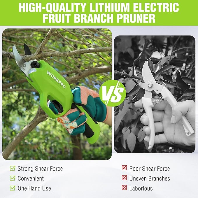 WORKPRO 7.2V Electric Pruning Shears Battery Powered Pruning Shears Cordless Tree Pruner 0.8 Inch Cutting Diameter Branch Cutter Gardening Scissors with Rechargeable Battery