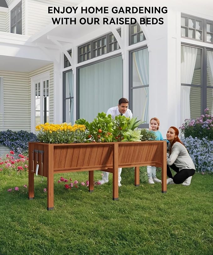IDEALHOUSE Raised Garden Beds Outdoor 72x26x31 Inch Wooded Raised Planter Box with Legs Elevated Garden Bed with Hooks 13.7 Inch Depth 300 Lbs Capacity for Balcony Patio and Backyard Oak