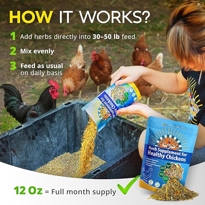 Herb Supplement for Backyard Chickens - Natural Chicken Treats Poultry Feed Botanical Mix Plant-Based Coop Snacks for Daily Wellness Feather Quality Egg Production USA (12 oz)