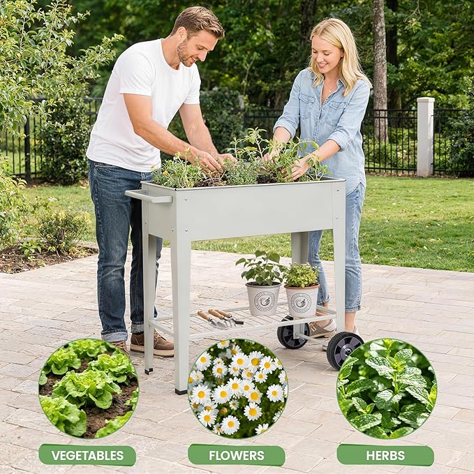 Tall Raised Garden Bed Outdoor with Wheels Metal Elevated Raised Planter Box with Drainage Holes for Vegetables Flower Herbs(Grey)