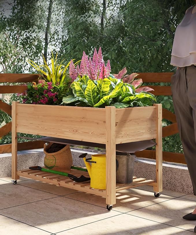 Raised Garden Bed 48x24x32-Inch Mobile Elevated Wood Planter Raised Beds w/Lockable Wheels Protective Liner and Storage Shelf for Growing Vegetables and Herbs
