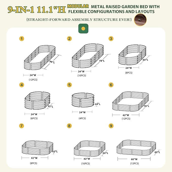 MUPATER 8x2x1 ft Raised Garden Bed Outdoor for Vegetables 9-in-1 Galvanized Metal Planter Box 11.1'' H Modular Garden Bed Kit Oval for Herbs and Flowers Rustic