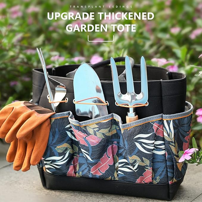 Gardening Tools 9-Piece Heavy Duty Garden Hand Tools with Fashion and Durable Garden Tools Organizer Handbag Rust-Proof Garden Tool Set Ideal Gardening Gifts for Women