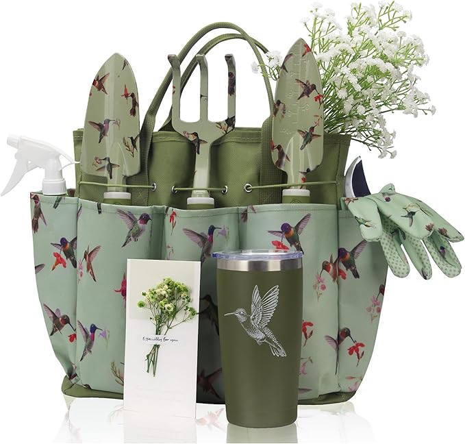 Garden Tool Set with Hummingbird Print Heavy Duty Gardening Hand Tools with Garden Tool BagGardening Gifts for Women&ampMenGreen