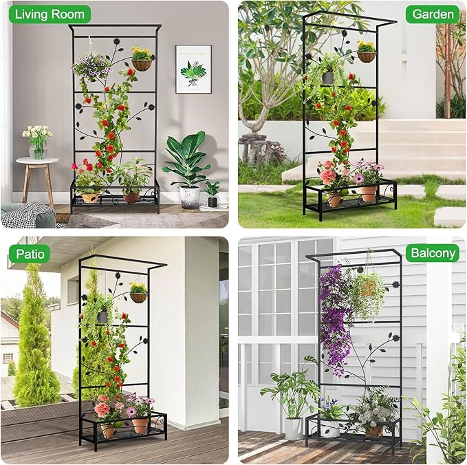 Kinsuite Raised Garden Bed with Flower Stand - Metal Planters for Outdoor Plants Planter Box for Climbing Plants Vegetables Vertical Garden for Living Room Balcony Garden Decor Black