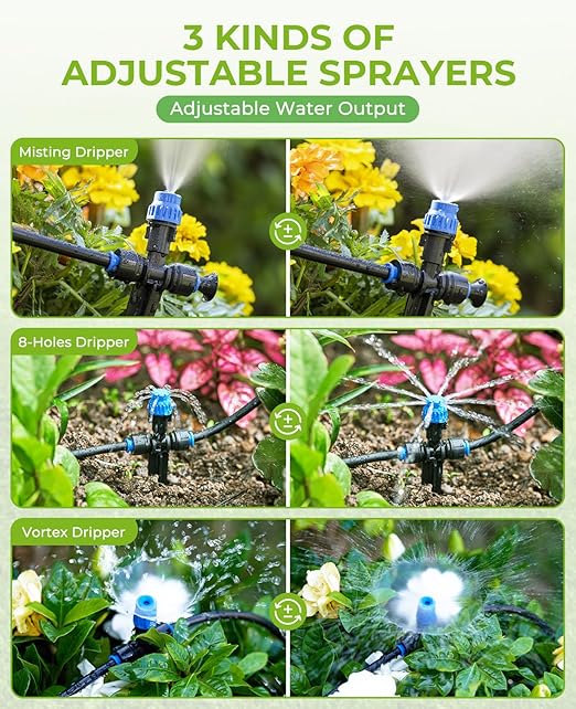 HIRALIY 128FT Drip Irrigation System Quick Connector Garden Watering Automatic Sprinkler Kit for Lawn Raised Bed Greenhouse Misting System with 3 Kinds Dripper Adjustable Nozzle