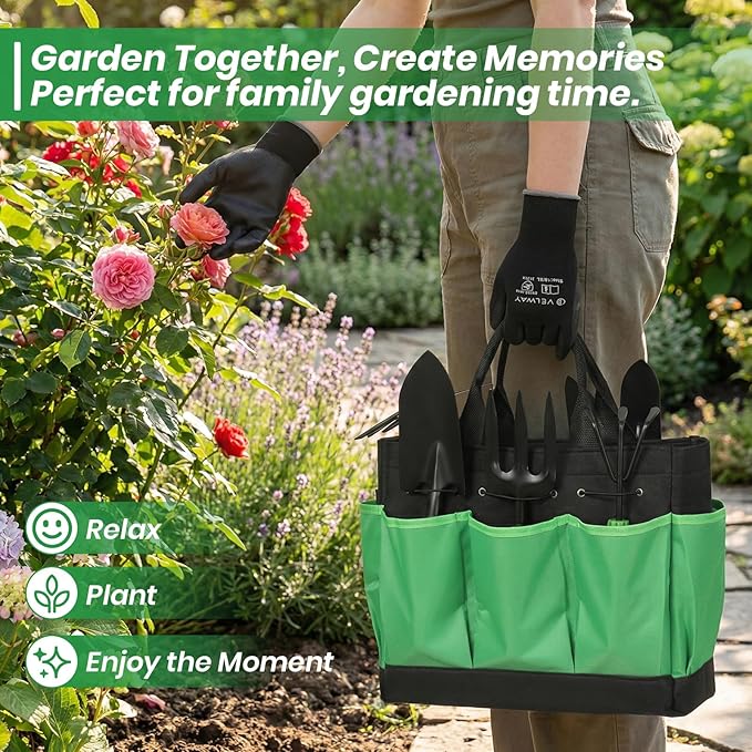 Velway Garden Tools Set -11-Piece Heavy Duty Hand Tool Kit with Ergonomic Handles Rust-Proof Carry Tote Bag – Gardening Gifts for Women &amp Men (Green)