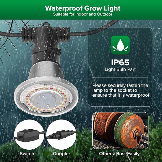 SANSI Hanging Grow Light String for Indoor Outdoor Plants 6 LED Grow Light Bulbs 72W with Optical Lens for High PPFD IP65 Waterproof Plant Grow Lamp for Greenhouse Garden (Upgraded)
