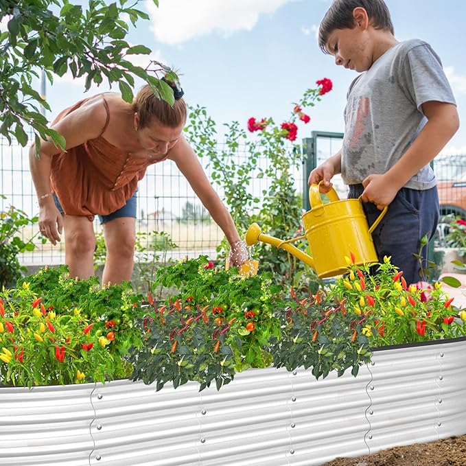 SHAREWIN Oval Galvanized Planter Raised Metal Garden Bed Kit for Gardening Outdoor8x4x1ft Planter Grow Garden Box Raised Flower Bed(6 PCS)