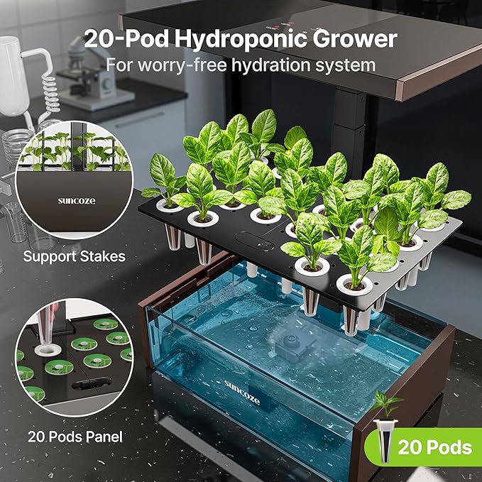 SUNCOZE Hydroponics Growing System Kit 20 Pods Indoor Herb Garden with 10L Water Tank &amp Adjustable Height 25 30W LED Grow Light LCD Display with Veg/Flower Modes Pump &amp Low Water Reminder