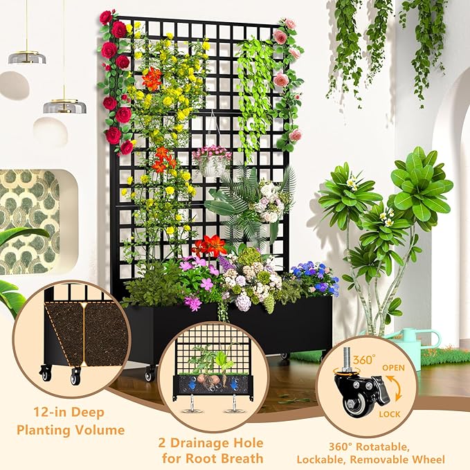 Metal Planter Box with Trellis 72.1x47.2x16 Galvanized Raised Garden Bed with Privacy Screen &amp Drainage Holes &amp Lockable Casters for Climbing Plants Flower Vegetable (Black-Grid)