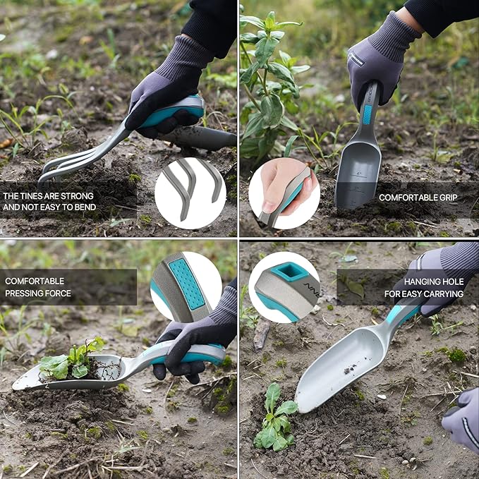 GOODSMANN Garden Tools Set 3 Piece All One Piece Die-Cast Aluminum Gardening Kit Hand Shovel Hand Transplanter and Hand Cultivator Shovel Soils Scoop Triple Claw Rake for Digging Planting