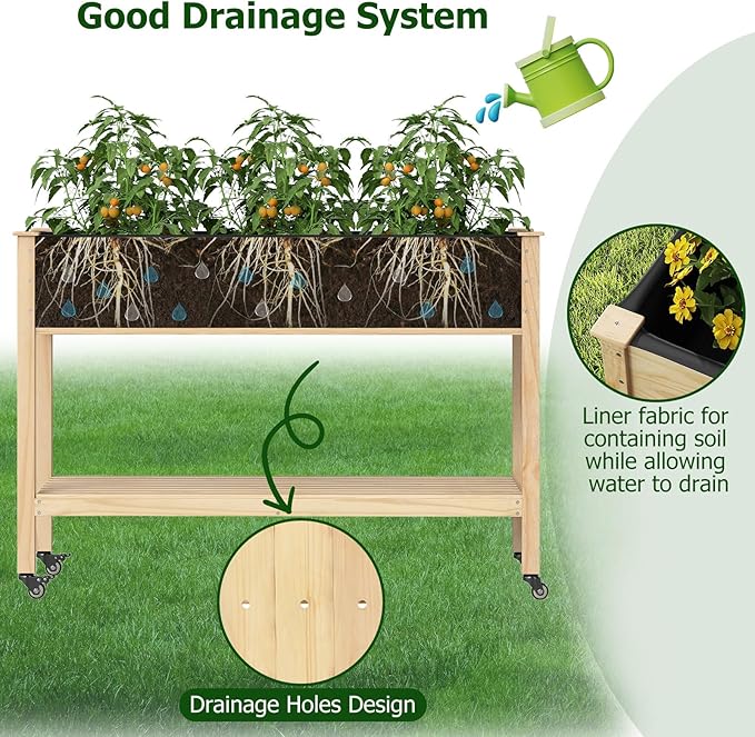 Giantex Mobile Raised Garden Beds Set of 2 Wood Planter Box with Wheels Storage Shelf &amp Liner 47”x23”x33” Rolling Raised Bed for Indoor Outdoor Plants Vegetables Flower Herbs Fruit Gardening