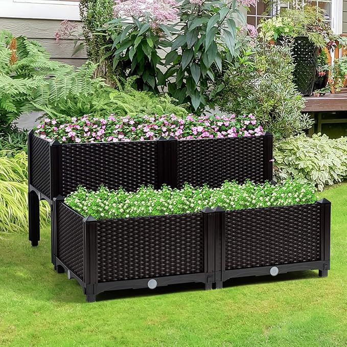 HAPPYGRILL Raised Garden Beds Set of 4 Elevated Planter Boxes with Drain Holes &amp Removable Legs Outdoor Raised Flower Bed for Patio Yard Balcony