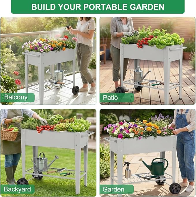 Elevated 32 Tall Raised Garden Bed with Legs and Wheels for Mobility Metal Planter Boxes Outdoor with Shelf Raised Bed for Gardening Vegetables/Herbs Backyard Patio Balcony Grey